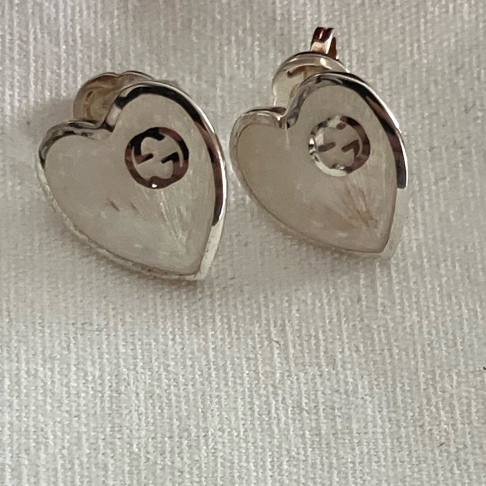 Gucci Sterling Silver White Enamel Heart Earrings-Pierced
